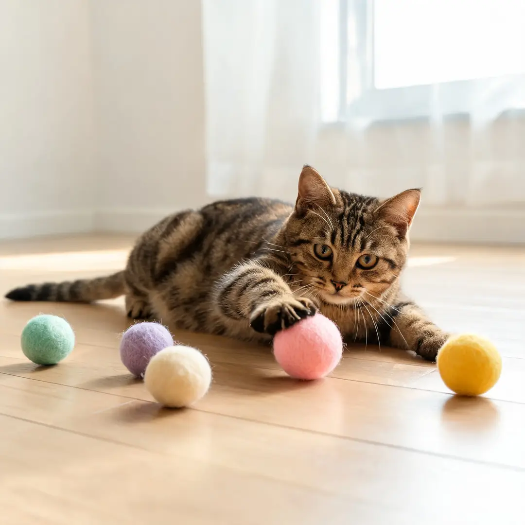 Gatito naranja jugando arriba de la cama con una pelotita de lana